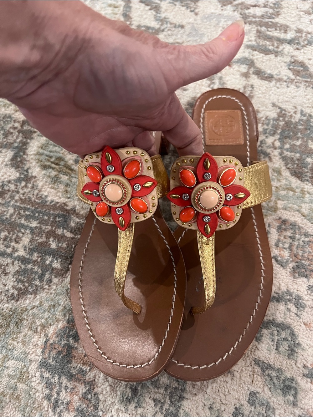 Tory Burch Maura Gold Leather Thong Sandals